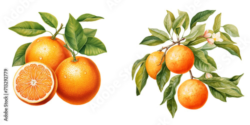 set of cliparts of oranges with leaves watercolor illustration png isolated on a transparent background, citrus clipart 