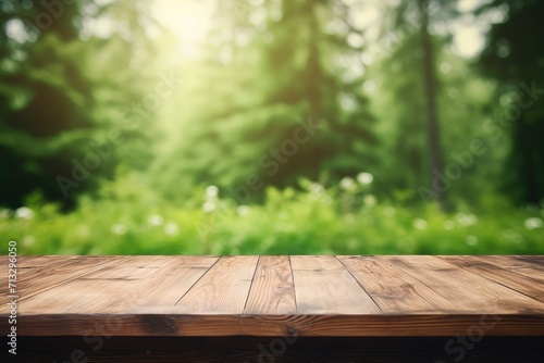 Beautiful blurred boreal forest background view with empty rustic wooden table for mockup product display. Picnic table with customizable space on table-top for editing. Flawless