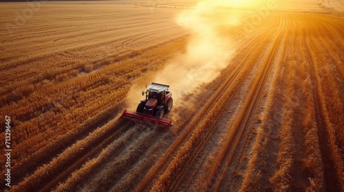 Aerial view of modern industrial combine harvesting wheat cereals on a summer evening. Grain harvester in an endless wheat field. The reflection of the setting sun in the background.