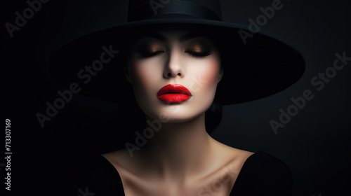 pretty woman portrait in black dress and glamour fashionable makeup, Generative Ai