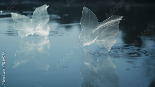 Plastic bag in water mimics butterfly, environmental issue. Generative AI image