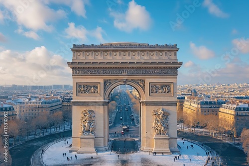 Arc de Triomphe in France, Paris, aerial view on a scenic sunset