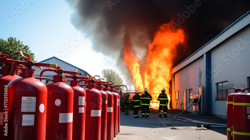 Gros plan sur des extincteurs pour incendie dans une usine.