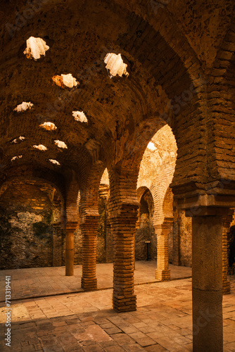 Interior of Arab Baths (Banos Arabes), Ronda, Andalucia, Spain. It is a unique archeological site showcasing a 13th-century bathhouse that was built during the Islamic period in Ronda.