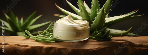 glass jar with cream, on the background of aloe vera leaves