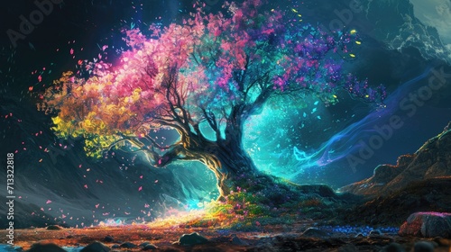 Fantasy landscape with magic tree