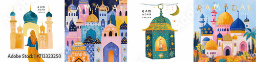 Ramadan Kareem. Eid Mubarak. Vector illustration of a city pattern with a mosque, an Islamic traditional lantern, a crescent moon and a Muslim woman in a headscarf for a background, greeting card 