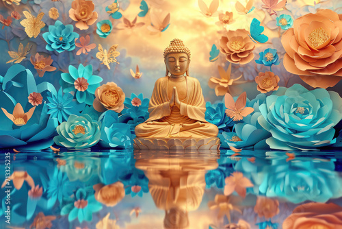 a big glowing golden buddha statue with glowing nature background, multicolor paper flowers, butterflies