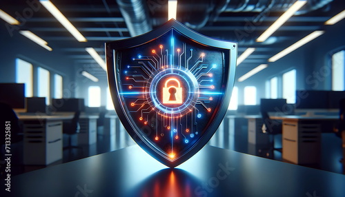 A digital illustration of the laptop has a screen lock in the shape of a shield cyber security, data protection concept. Color blue and cool ambient.