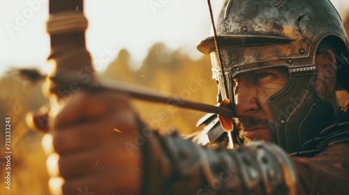 Archery Mastery in Ancient Rome: A 28-Year-Old Roman Archer, Clad in Lorica Segmentata and a Distinctive Helmet, Demonstrates Precision on the Battlefield, Drawing a Composite Bow Against Distant Adve