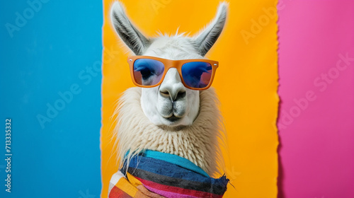 llama with sunglasses and scarf in studio with a colorful and bright background. AI Generative