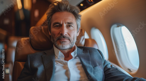 portrait of a middle-aged businessman in an airplane cabin, business class. concept of travel, active lifestyle, business trip