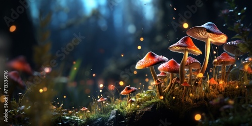 mushrooms with red caps in a magical forest, life-threatening