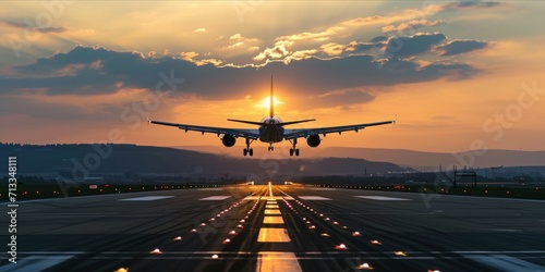 Commercial airliner passenger plane fly down over landing at sunset, travel transport concept