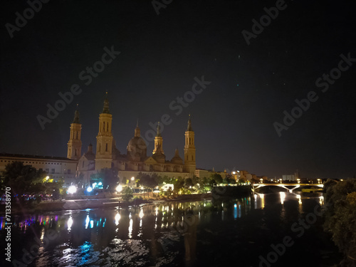 Saragossa city night view, Spain. Zaragoza cathedral.