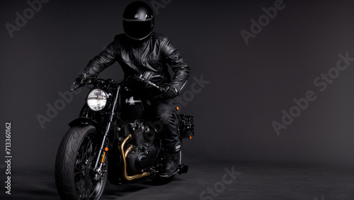 A motorcyclist poses in a black helmet on a black background. generative AI