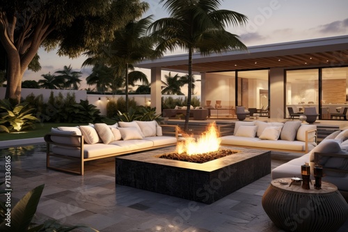 Well-designed outdoor lounge area with contemporary furniture and a fire pit