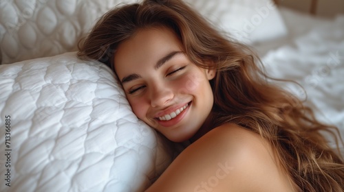 Young woman lying on a cushion with her eyes closed and smiling. Jeune femme allongée sur un coussin avec les yeux fermés et souriante.