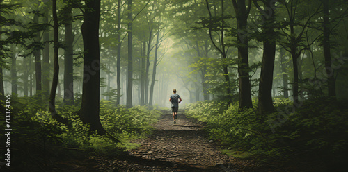 man running through woods, in the style of photo-realistic landscapes, dutch landscape, wimmelbilder
