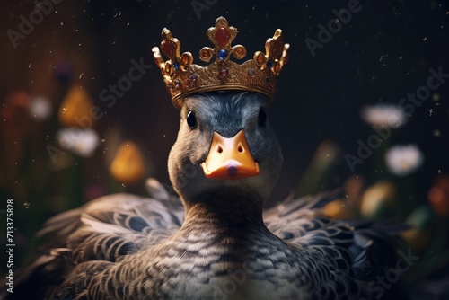 Duck in a crown on blurred background. Cute and funny duckling king or prince duck. Happy Easter concept
