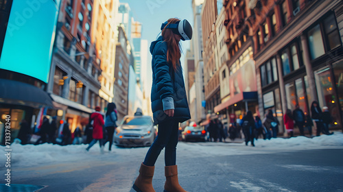 Photograph of one woman walking on the street wearing a VR headset.