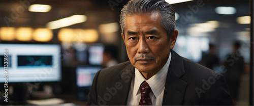 Old Japanese business people buying stocks wearing suits in an office seated in front of a commanding monitor immersive image tailored for widescreen