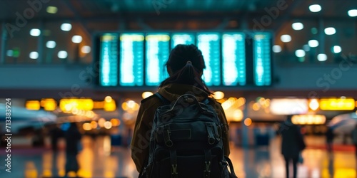 Silhouette of traveler in international airport looking at flight schedules for checking take off time.