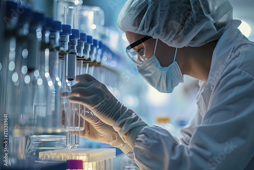 mujer cientifica vestida con traje de protección EPI, mascarilla y guantes trabajando en un laboratorio, sobre fondo de elementos para la investigación de vacunas para el cancer y el coronavirus