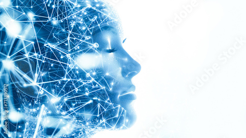 A human head over intricate circuitry. Artificial intelligence and human-computer integration concept.