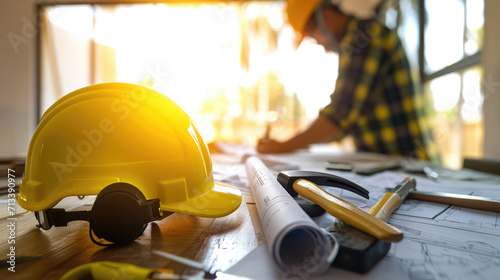  Sunlit Construction Workspace with Yellow Helmet and Architectural Drawings