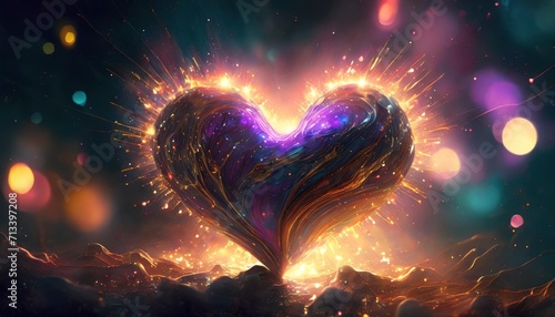 sparkle heart explosion glowing bokeh movie like electric neon thrilled luminous metallic fluid