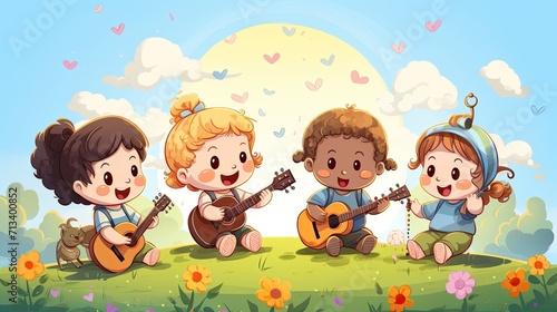 four cartoon children 3-4 years old with toy musical instruments on the grass on a sunny day. Early music education in kindergarten