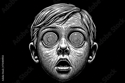 shocked kids face with hypnotized eyes isolated on a black background