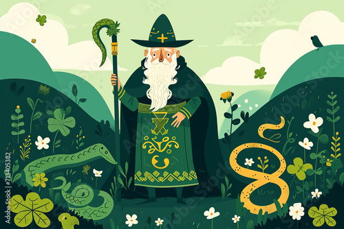 A scene depicting the legend of St Patrick driving the snakes out of Ireland, St Patrick’s Day drawings, flat illustration
