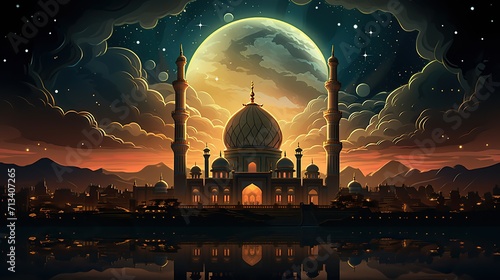 Big mosque in a city at night under a big moon with a beautiful sky, Ramadan Kareem concept illustration