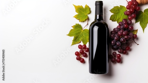 Bottle of red wine with ripe grape berries and vine leaves on a white background