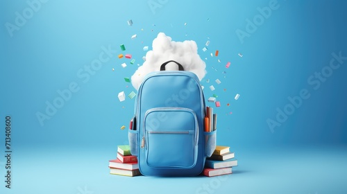 Full School Backpack with Books on Blue Background