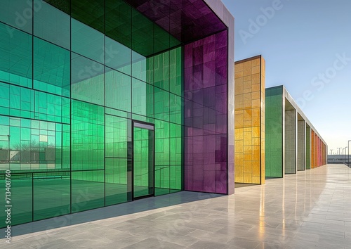 Pabellones de exposiciones, múltiples colores fuertes, verde, violeta, amarillo, de concreto, cemento y paneles de cristal de gran altura, espacios modernos para futuras exhibiciones, espacio copy, 