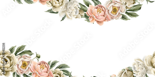 White beige peach fuzz peony flowers and green leaves. Horizontal seamless hand painted watercolor illustration isolated