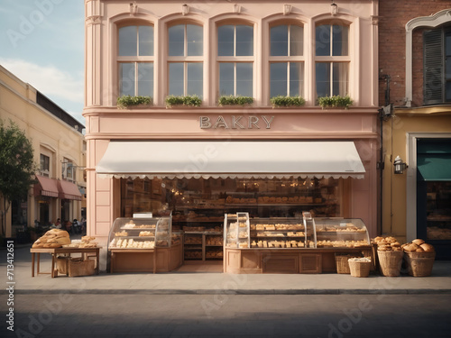 3D bakery shop building facade with baking store, cafe, bread, pastry, and dessert shop front view Market or supermarket design.