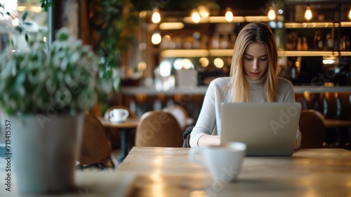 Woman working in a cafe at a laptop