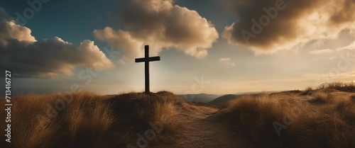A wooden cross stands against a vivid sky, clouds parting around it, symbolizing hope and faith