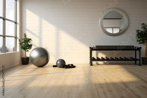 Interior of a modern gym with fitness equipment. 3d rendering