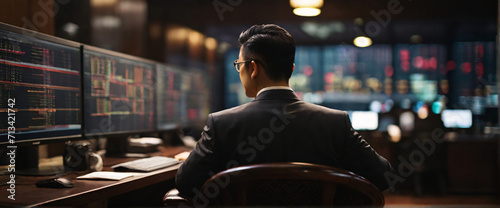 Japanese business people wearing suits in an office, seated in front of a commanding monitor tailored for widescreen