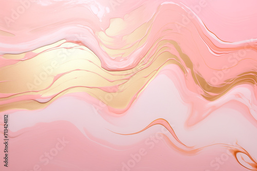 A canvas adorned with pastel pink and gold acrylic paint poured in sleek, wave-like patterns, evoking a sense of fluid elegance and contemporary artistry.