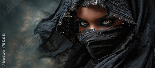 attractive girl in the image of the sorceress in a black cassock with a mask on his face directly looking into the camera. Copy space image. Place for adding text