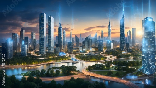 Explore the futuristic landscape of a digital city, pulsating with high-speed information in a smart, connected society.