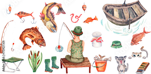 Collection of 20 elements of fishing gear. Drawn with watercolors. You can create patterns, cards and drawings yourself