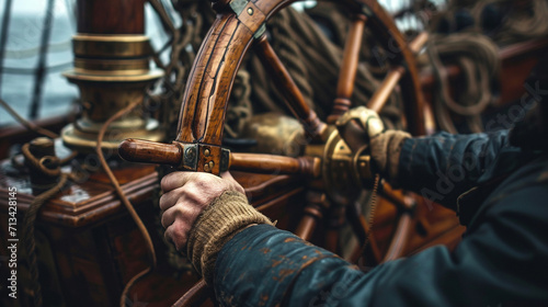 A close-up shot of a sailor's hands expertly steering the ship's wheel, with the intricate details of navigation equipment and nautical instruments in the background, creating a vi