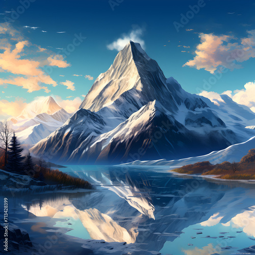 Fantasy landscape with mountains and clouds. 3D illustration,, An anime background featuring a serene mountain landscape with snowcapped peaks and a 